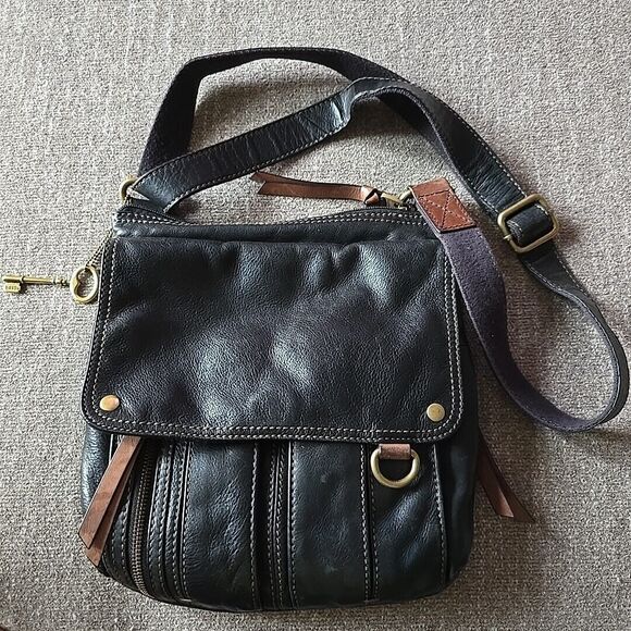 Fossil Morgan Handbag Traveler Pebble Black Topzip Leather Crossbody Messenger - Picture 1 of 16
